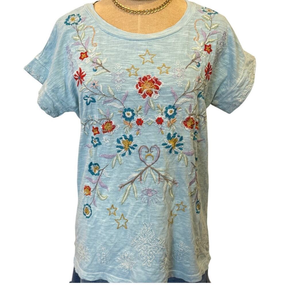 CAITE Ocean Teal Embroidered Shirt Top Women size XS 100% Cotton Boho